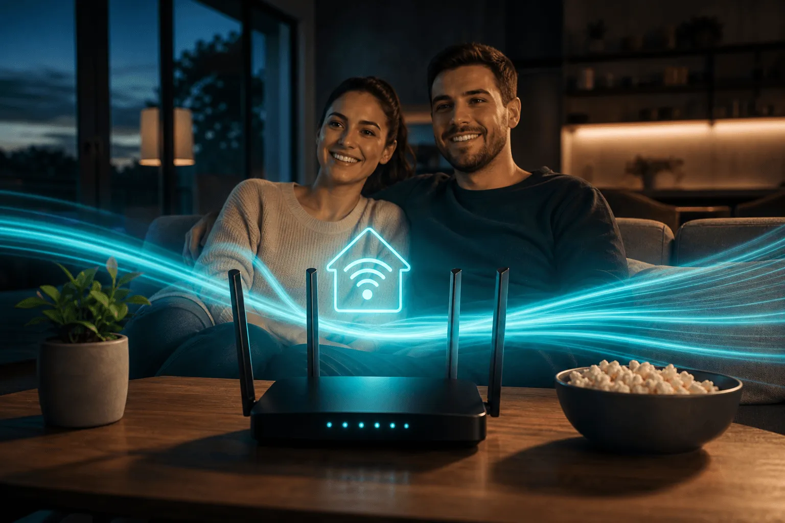 A couple relaxing on their sofa behind a fiber router that sends ribbons of teal light across the room.